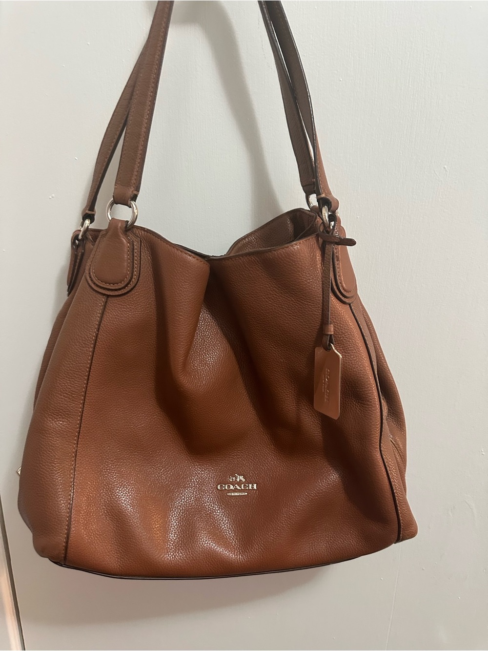 Coach Edie shoulder Tan Pebbled Leather Shoulder Tote with Double Straps